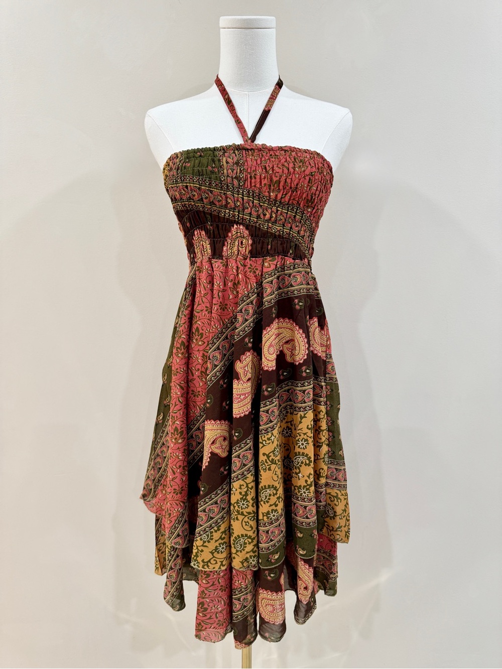 India Boutique Earthy Patchwork Handkerchief Dress Boho Fairy Smocked Strapless